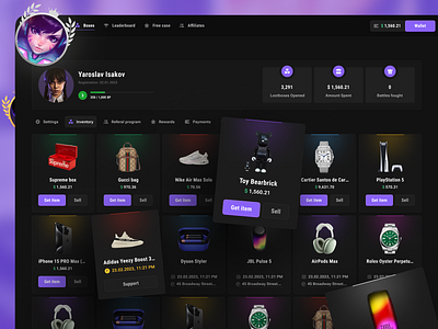 Cases — Inventory betting cases casino casino app crypto casino dark ui dashboard gambling game game inventory game ui igaming inventory lottery open case platform player product design profile roulette