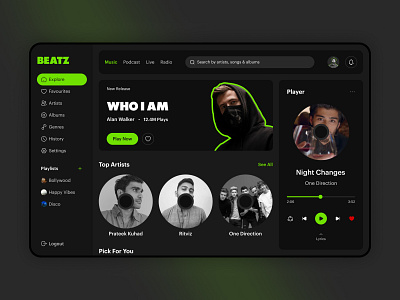 Beatz - Music Streaming Web App album artist audio dark mode design gradient media player minimalist music music app music streaming playlist song ui ux web web app