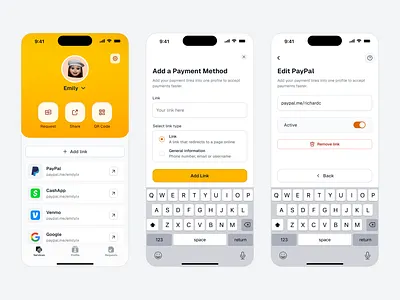 Payments link sharing app app clean fintech links mobile payments paypal product design ui yellow