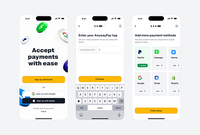 Payments aggregator app app b2c clean crypto mobile onboarding payments paypal saas ui yellow