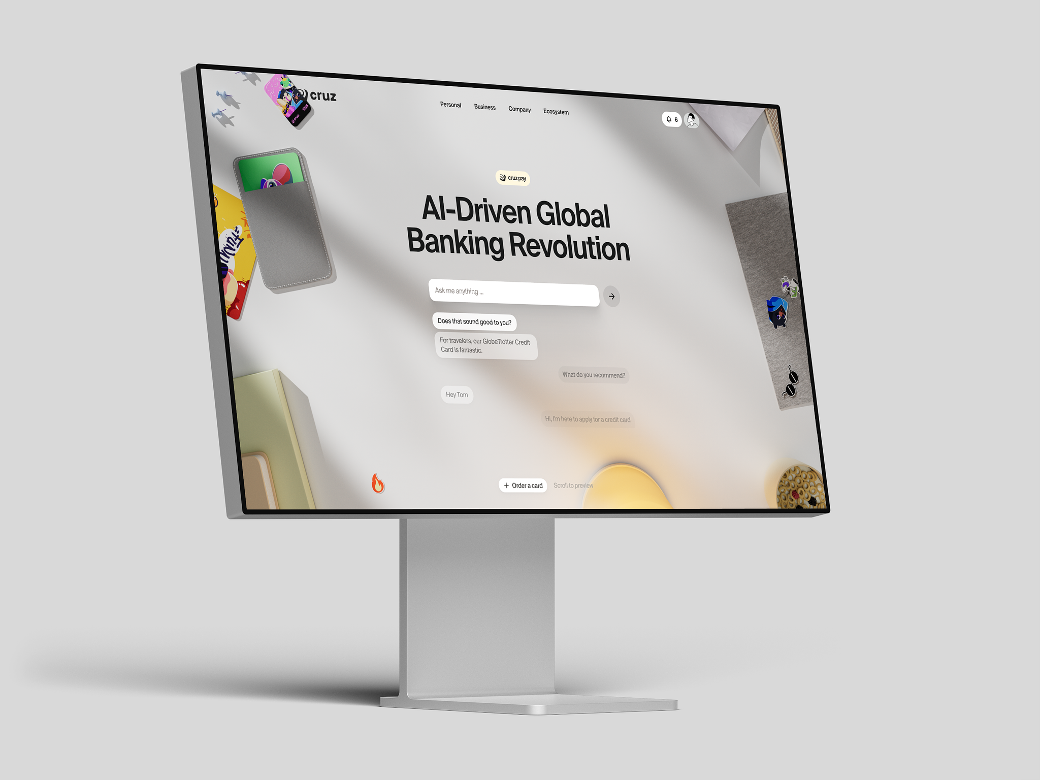 Cruz: Hero section ai artificial intelligence bank banking card cards chat crypto design digital finance fintech hero home homepage page pay renat renua section