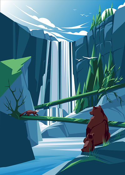 Bears near forest waterfall. Poster for digital printing. animal art bear canada cub ferret flat forest illustration landscape mountain nature north america poster rock season usa vector waterfall wild