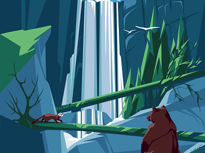 Bears near forest waterfall. Poster for digital printing. animal art bear canada cub ferret flat forest illustration landscape mountain nature north america poster rock season usa vector waterfall wild