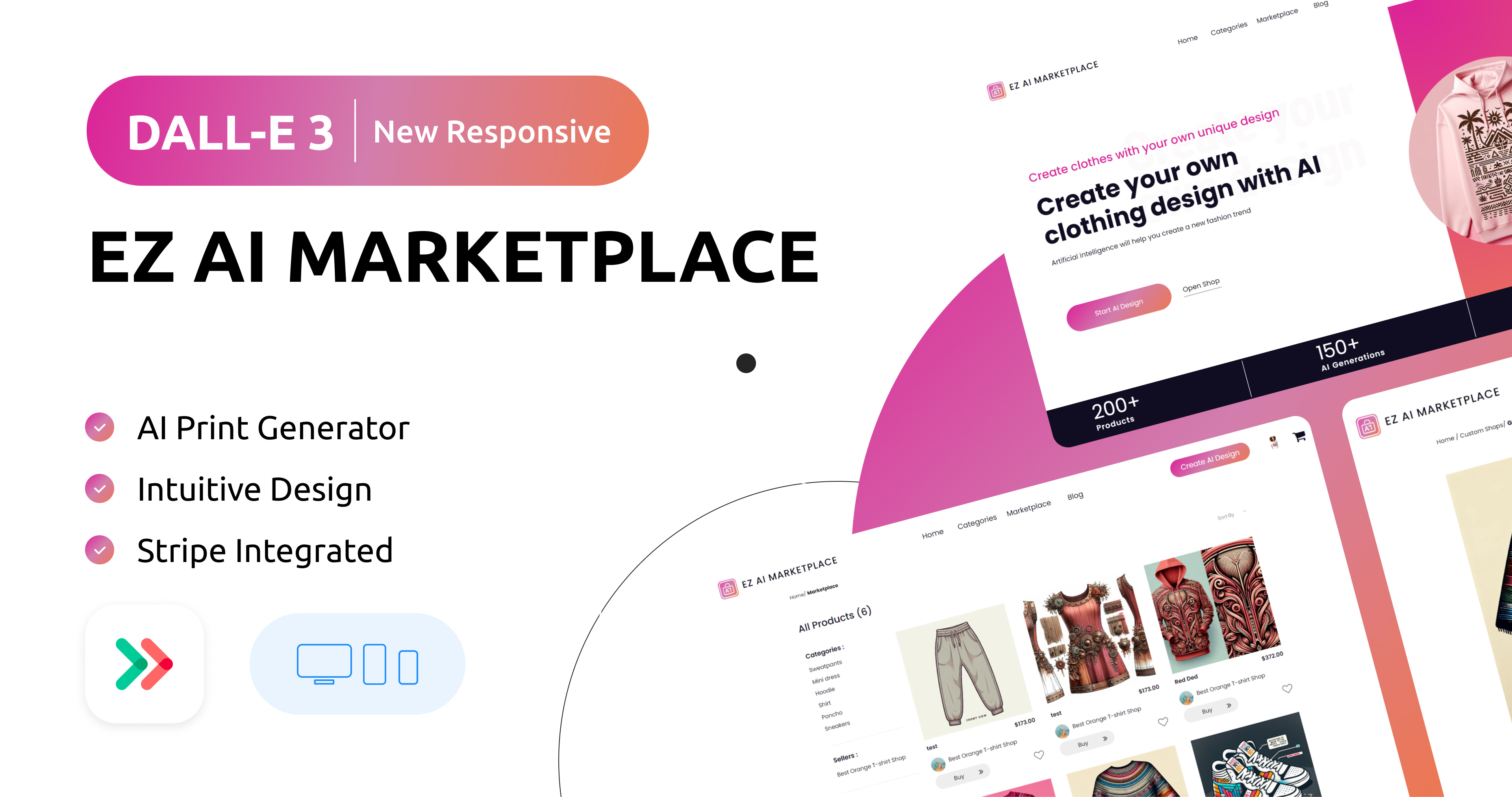 Ez AI Marketplace NoCode Web Template ai image ai integration branding bubble.io dalle 3 eazycode graphic design nocode openai uiux web template