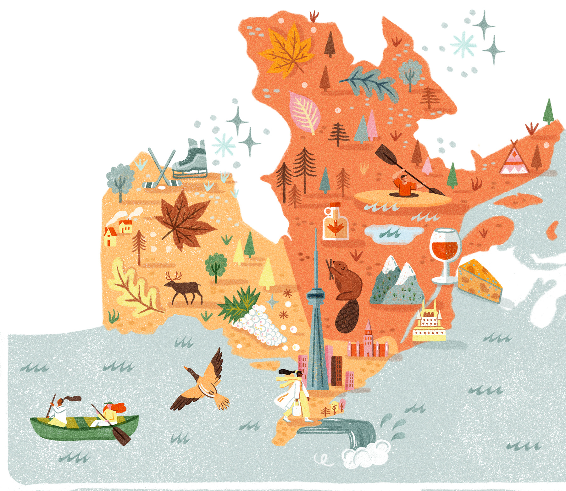 Regions of Canada 2d adventure canada character digital editorial explore flat folioart icons illustration maps olivia waller texture travel