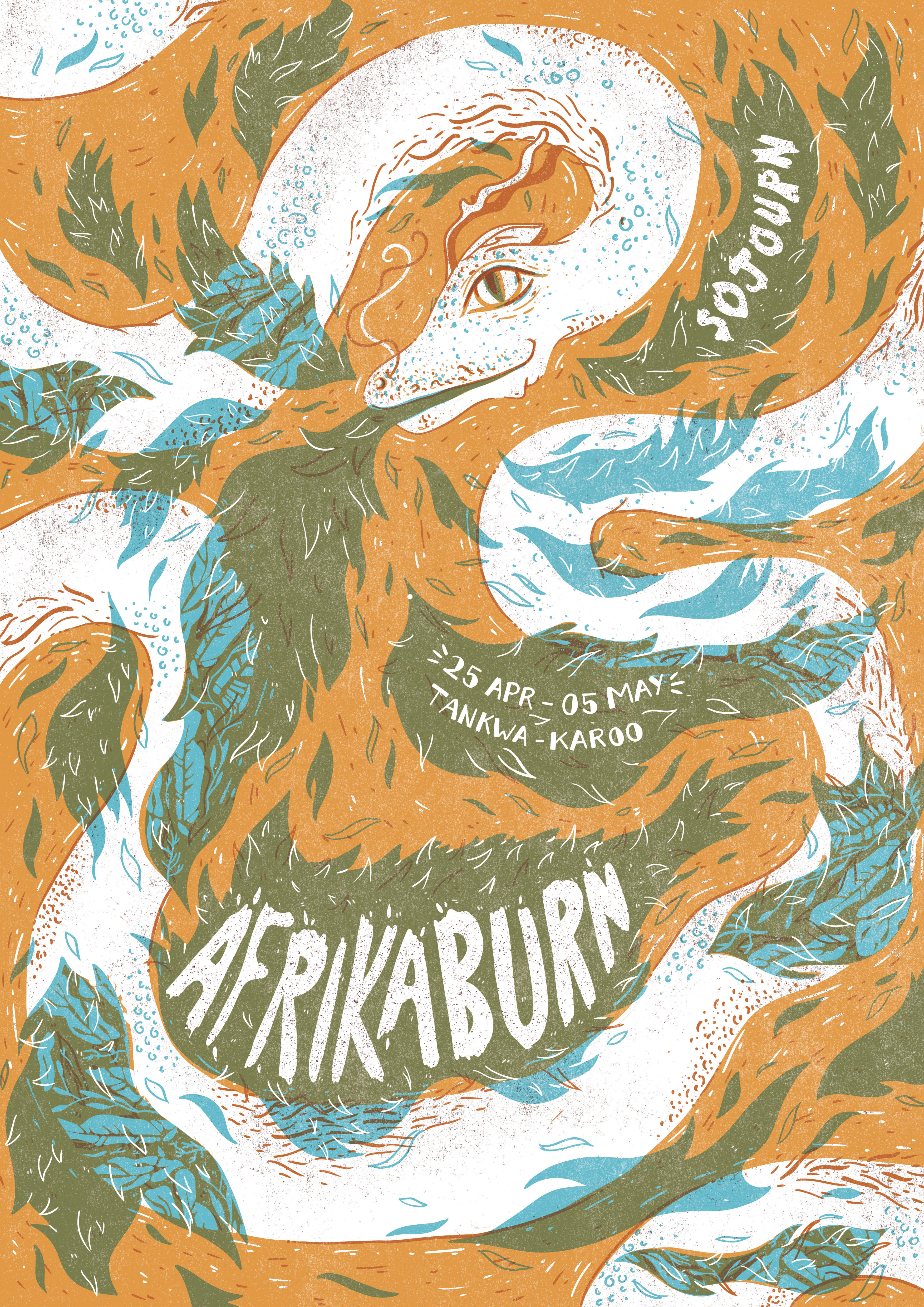 Afrika Burn Poster (Student Work) digital illustration dragon festival poster graphic design illustration music festival poster poster design screenprinting snake