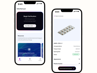 Medsure - Drug Verification App barcode black ui blockchain drugs gradient ui healthcare medical medicine medtech minimal ui mobile mobile app scan