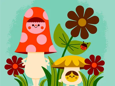 Mushroom Pals character cute design flower fun garden happy illustration ladybug mushroom retro spring