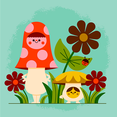 Mushroom Pals character cute design flower fun garden happy illustration ladybug mushroom retro spring