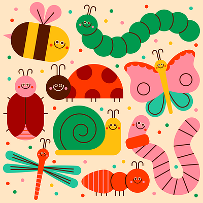 Love Bugs ant bee bugs butterfly caterpillar character cute fun happy illustration insect retro snail worm