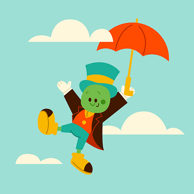 Jiminy Cricket character cute disney fun happy illustration jiminy cricket pinocchio retro umbrella