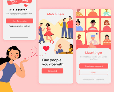 Matchinger-Dating App UI app branding dating app design homepage ill illustration screen ui ux webdesign