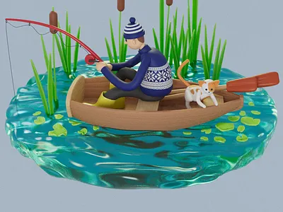 Fisherman and cat 3d animation motion graphics