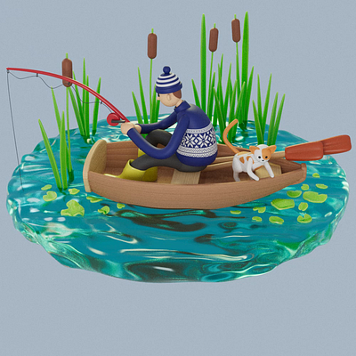 Fisherman and cat 3d animation motion graphics