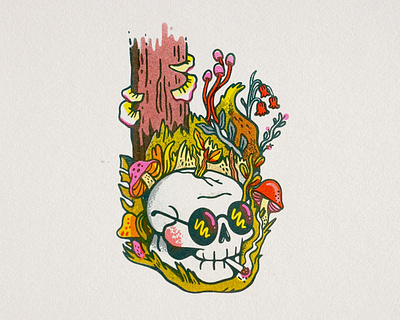 Skull Riso Print illustration mushrooms nature printmaker printmaking riso risograph risography skulls