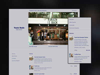Taste Buds FREE - Framer template bar cafe food framer free freebie gray grey landing menu page price pricing restaurant template website