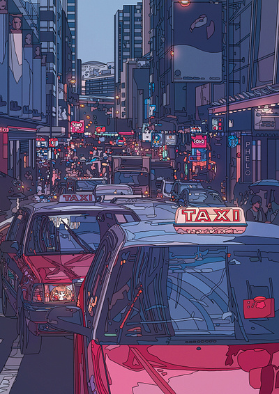PINK TAXI architecture art digital illustration neon night painting street taxi