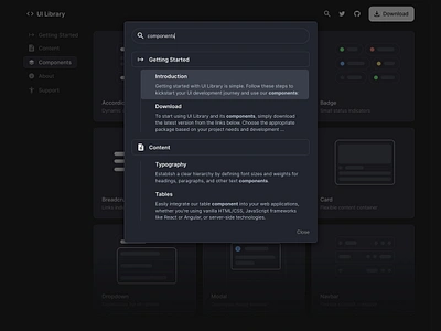 Search Modal for a UI Component Library Website app branding designer dev tools developer framework product design saas ux