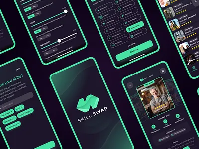 Skill Swap - Mobile App ai android application dark ui figma interface ios logo match mobile app mockup skill share ui ux