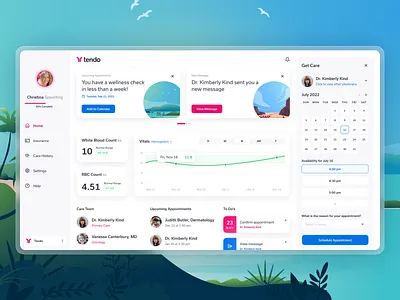 Tendo Healthcare app calendar cards chart dashboard design graph health healthcare illustration ui ux web web app