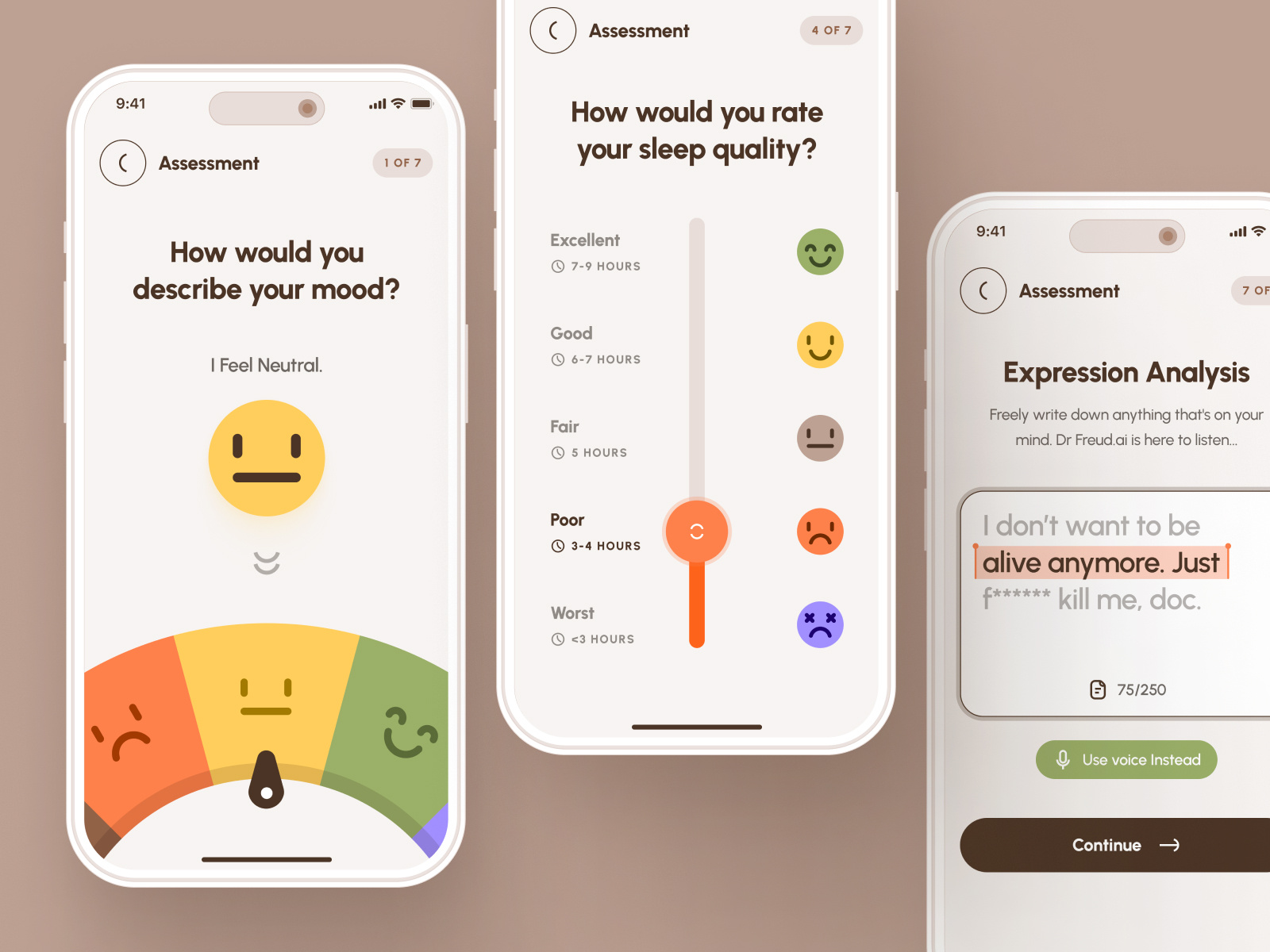 Freud UI Kit: AI Mental Health App 🧠 | Health Assessment UIUX ai chatbot ai mental health brown emotion flat green health assessment healthcare illustration mental health mental health app mindfulness minimal mobile app mood mood tracker onboarding orange ui ui kit