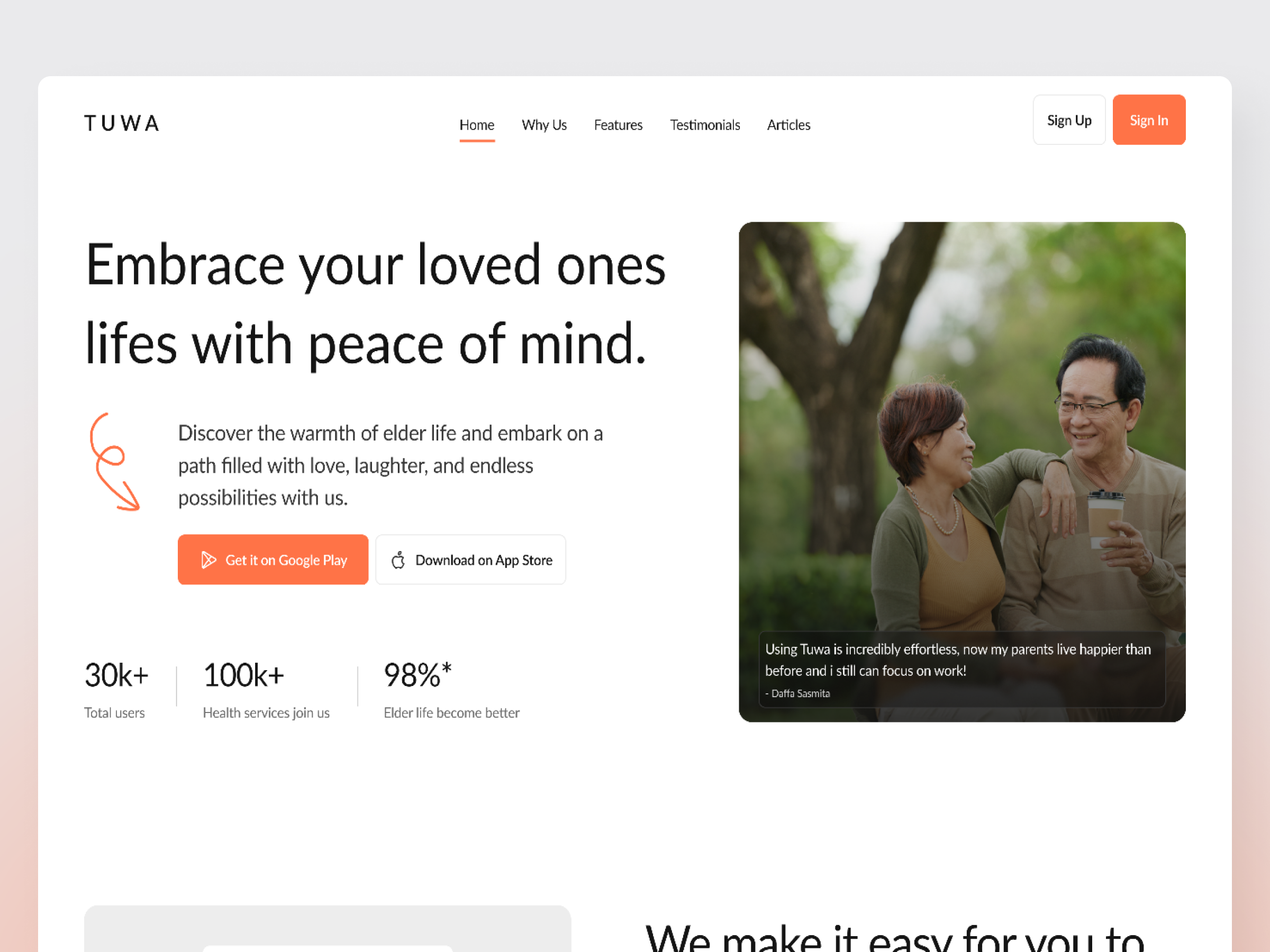 Tuwa: Elder Healthcare Landing Page bento grid clean eldercare health health insurance healthcare healthcare landing page healthcare web design healthcare website hospital insurance landing page design medical medical services medical technology minimal product design saas services web design