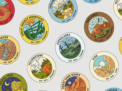 USA National Parks Badges - Full Preview apparel badge badges branding clothing design geometric graphic design illustration line lineart logo merchandise minimal monoline national parks patch paths sticker t shirt