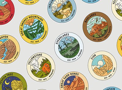 USA National Parks Badges - Full Preview badge badges branding design geometric graphic design illustration line lineart logo minimal monoline national parks patch paths sticker