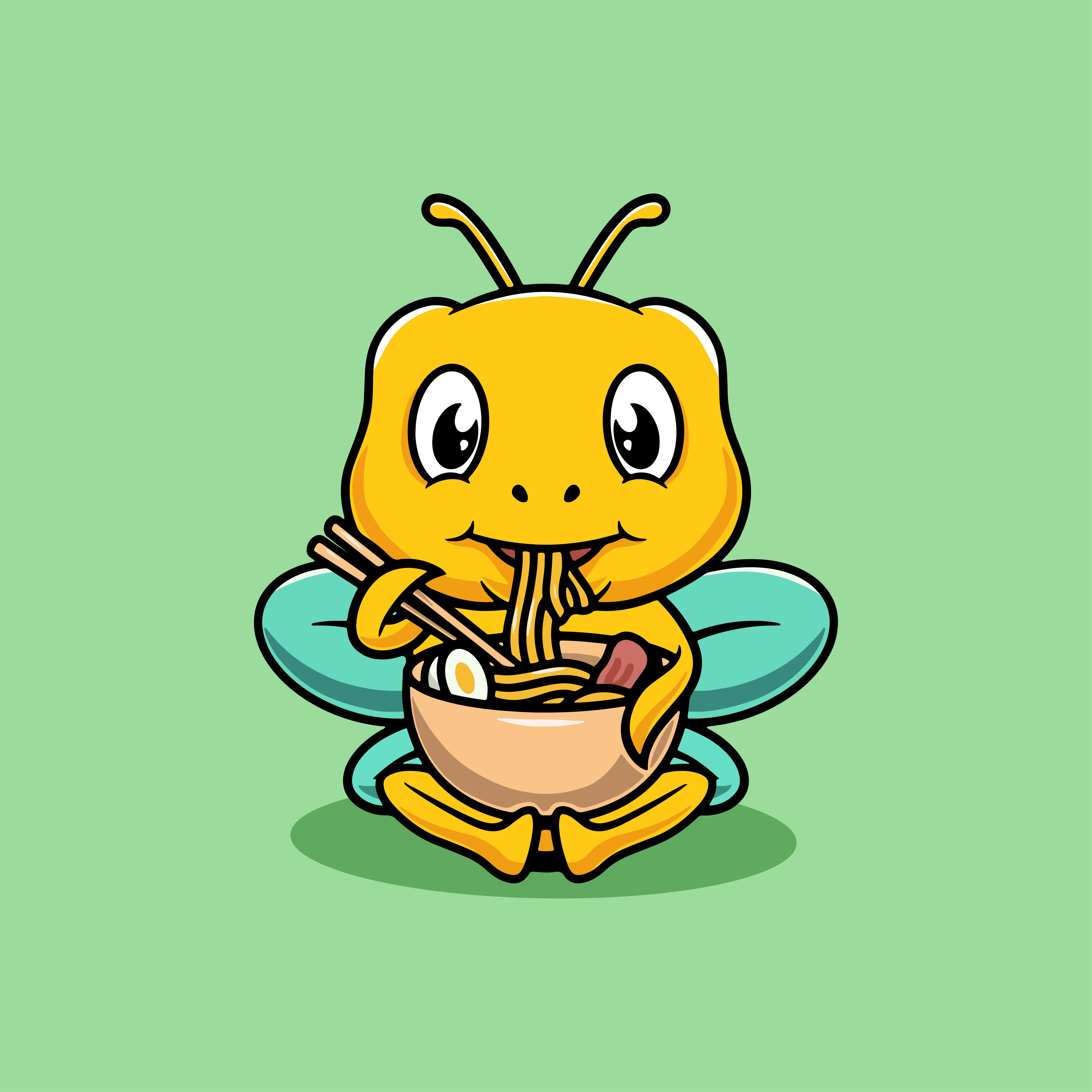 Cute bee eating ramen cartoon illustration branding