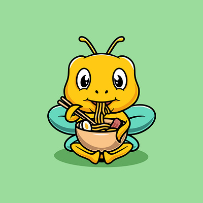 Cute bee eating ramen cartoon illustration branding