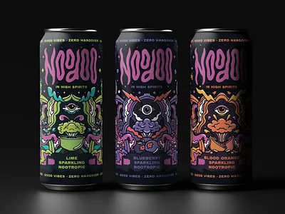 Noodoo Awakening Non-alcoholic Can Illustrations 70s alcohol free beverage blood orange blueberry can art colorful cosmic design illustration lime non alcoholic nootropics packaging illustration procreate product illustration psychedelic retro vintage illustration