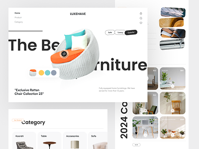 LUXEHAVE - Furniture Landing Page Exploration bold branding clean design desktop furniture graphic design homepage illustration landing page layout logo overlapping photography typography ui ux web website whitespace