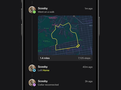 Fi - Updates Drawer app avatar badge dog list location map status timeline track ui updates walk
