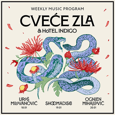Weekly Music Program Poster - January 2024 event poster flowers illustratopn music event peonies peony poster snakes