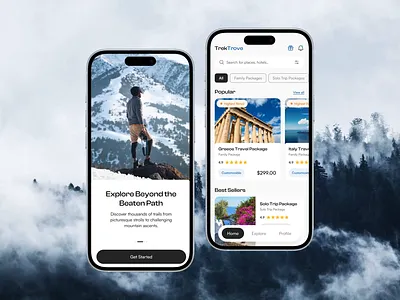 TrekTrove - A Travel Packages App Concept 🚗🪂 adventure booking app branding clean design destination figma flight app flight booking hotel booking minimal ui mobile app travel agency travel app travel booking ui uidesign uiux ux vacation