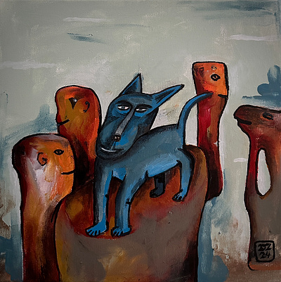 Blue dog in red rocks..., akryl na plátně, 30 x 30 cm, 2024