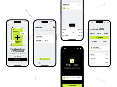 Transform Your Invoicing Experience: InvoiceMaker iOS App android app automation bill billing black branding crypto finance illustrations invoice ios logo mobile money template time tracker ui ux