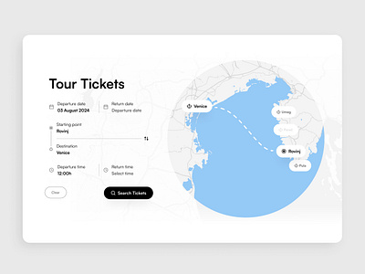 Ticket Search Engine featuring an Interactive Map boat booking croatia datepicker dates destination direction excursion ferry form input italy map route sea search ticket tour travel venice