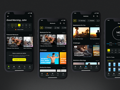 Fitness and Wellness App Design activity tracker ai fitness app ai wellness app app design black cardio clean ui dark exercise fitness fitness app fitness tracker meditation mobile app mobile app design uiux wellbeing wellness workout workout app