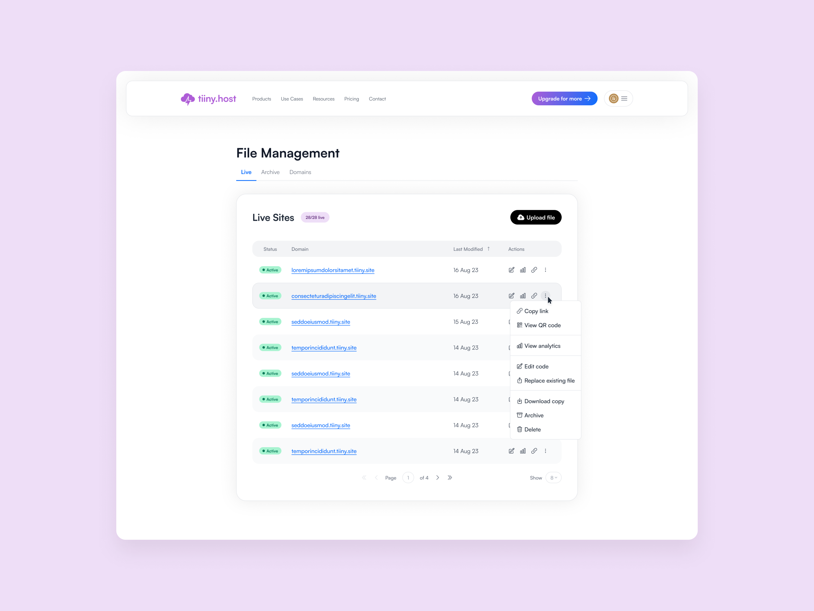 Tiiny Host | User Dashboard dashboard dropdown file hosting html list menu pdf save status table ui upload ux zip
