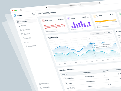 Surya - Health Tracker Dashboard activity dashboard exercise fitness health health app health care health dashboard health tracker health tracking healthcare healthy medical product design saas sport tracking workout