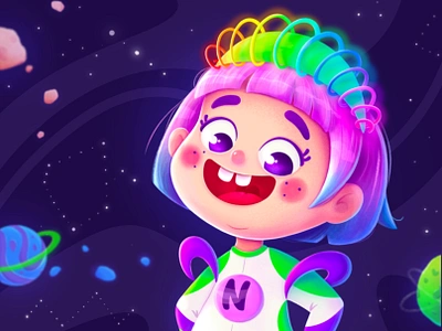 Character design for a children's mobile app. baby brand branding character character design colorful concept girl illustration illustration art illustrator kidlit kids mascot mobile app neon purple space ui design web design