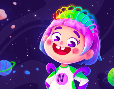 Character design for a children's 5-7 years old mobile app. baby brand branding character character design colorful concept girl illustration illustration art illustrator kidlit kids mascot mobile app neon purple space ui design web design