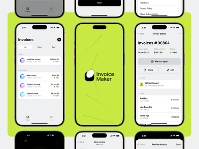 InvoiceMaker: Elevate Your Invoicing Experience on iOS android app automation bill billing black branding crypto finance illustrations invoice ios logo mobile money template time tracker ui ux