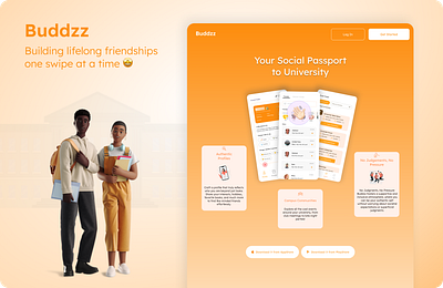Buddzz: Connecting Students, One Swipe at a Time branding buddzz design landing page make friends mobile app social app trynocode ui university students user experience user interface ux