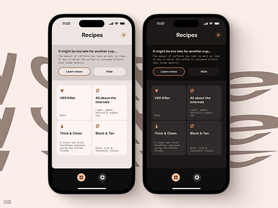 coffee recipes app 2025 app app design coffee concept dark mode design design system figma filter coffee graphic design icons ios iphone minimalist tabs theme ui ux