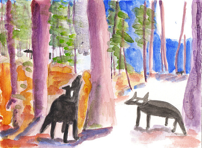 wolfs at night forest artwork children illustration painting watercolor