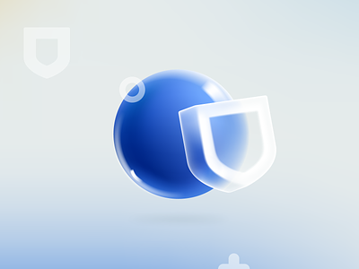 Blue security shield in glassmorphism style. 3d cartoon glassmorphism icon logo mark plastic render security shield sphere