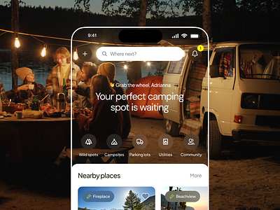 Wild camping spots - app concept adventure airbnb aniomation app booking campervan camping design discover explore glassmorphism mobile motion places social spots trip ui van wild
