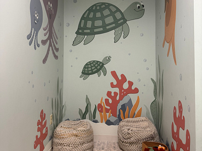 Under the Sea office mural animal familiy baby animals bubbles coral family friendly kids mural mural ocean octopus office art otter quirky characters sea sea creatures seaweed swim swimming tortise traditional art turtle